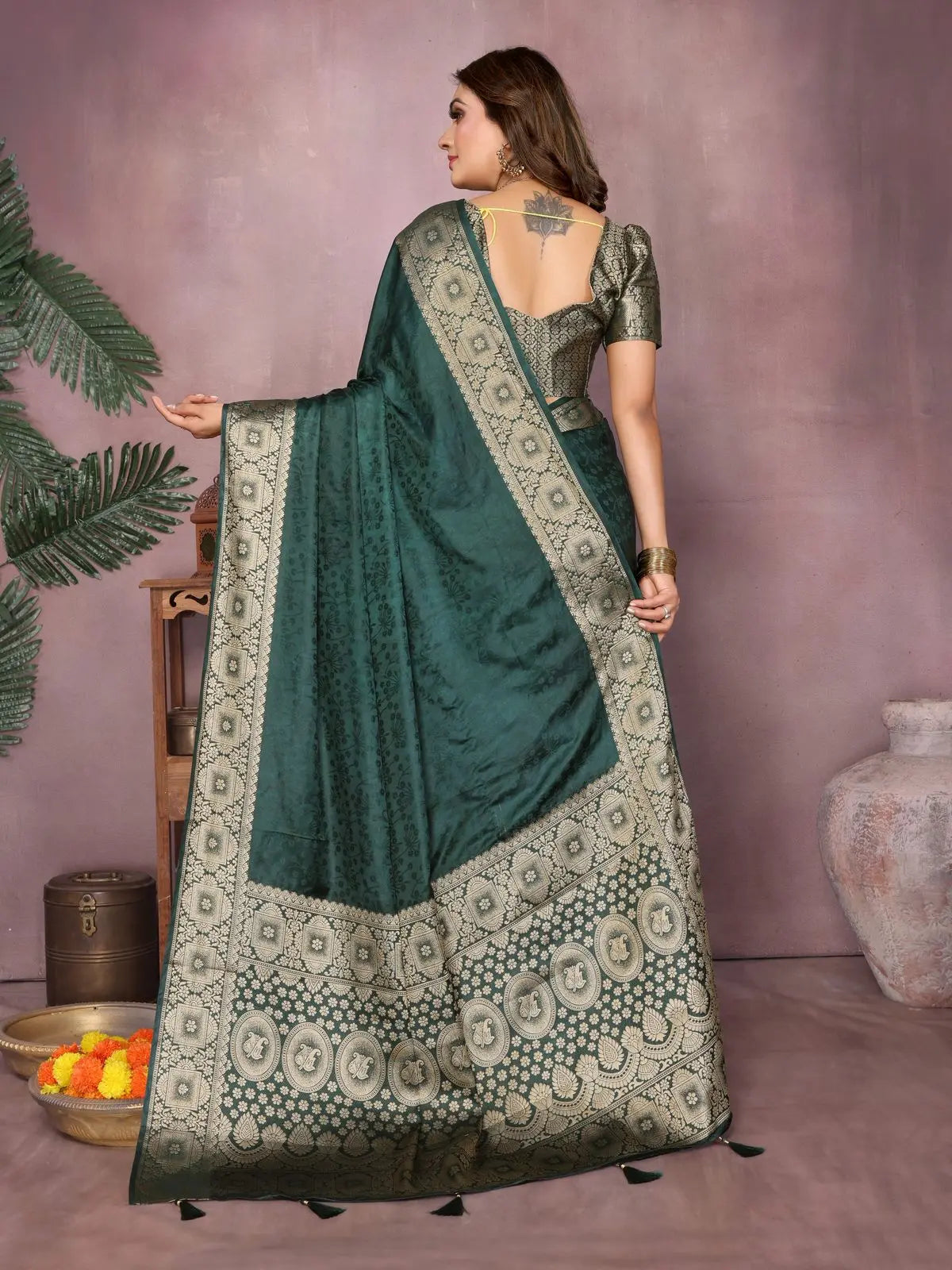 Dark Green Satin Silk Saree Kalyanja Fashion